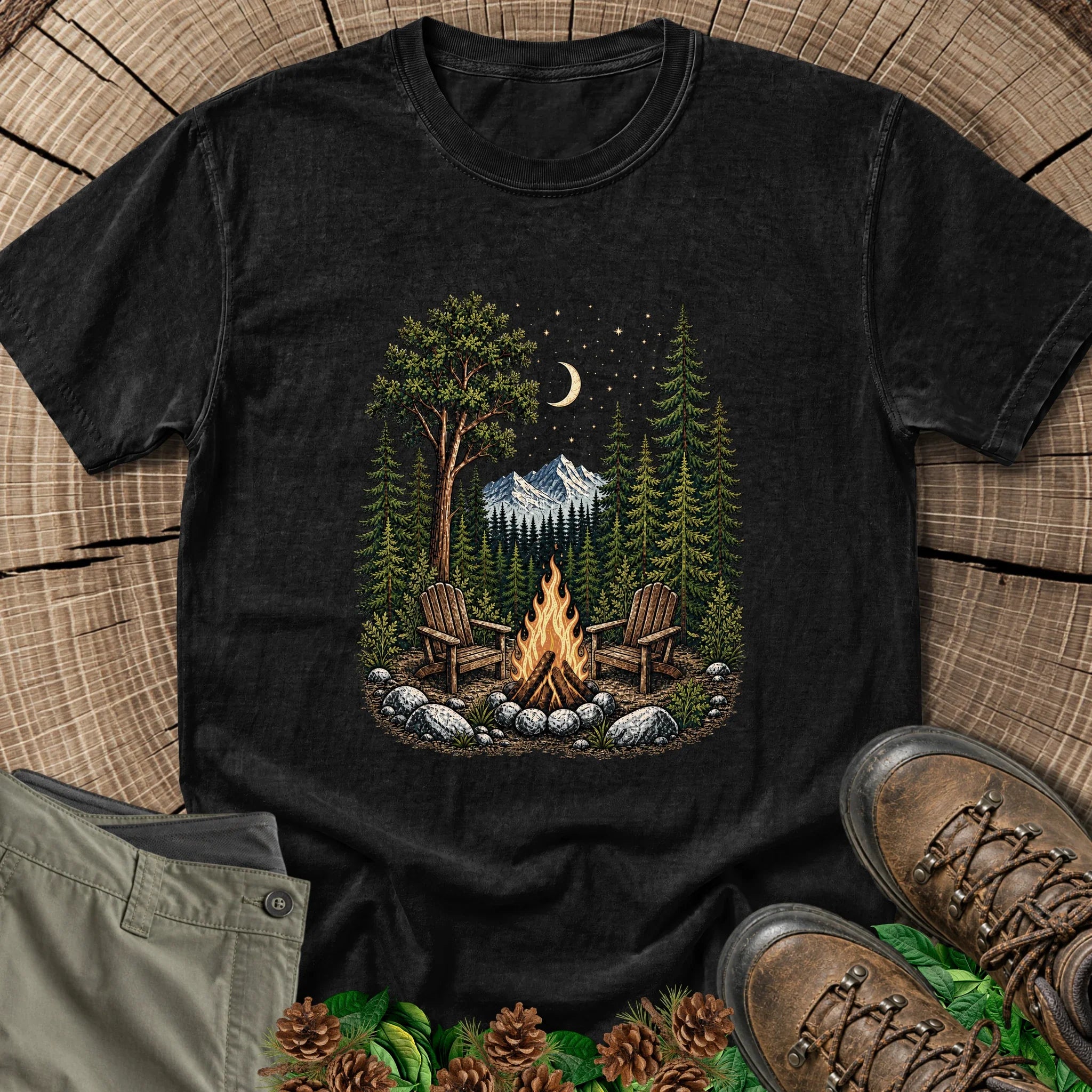Waiting Campfire Chairs T-Shirt in Black