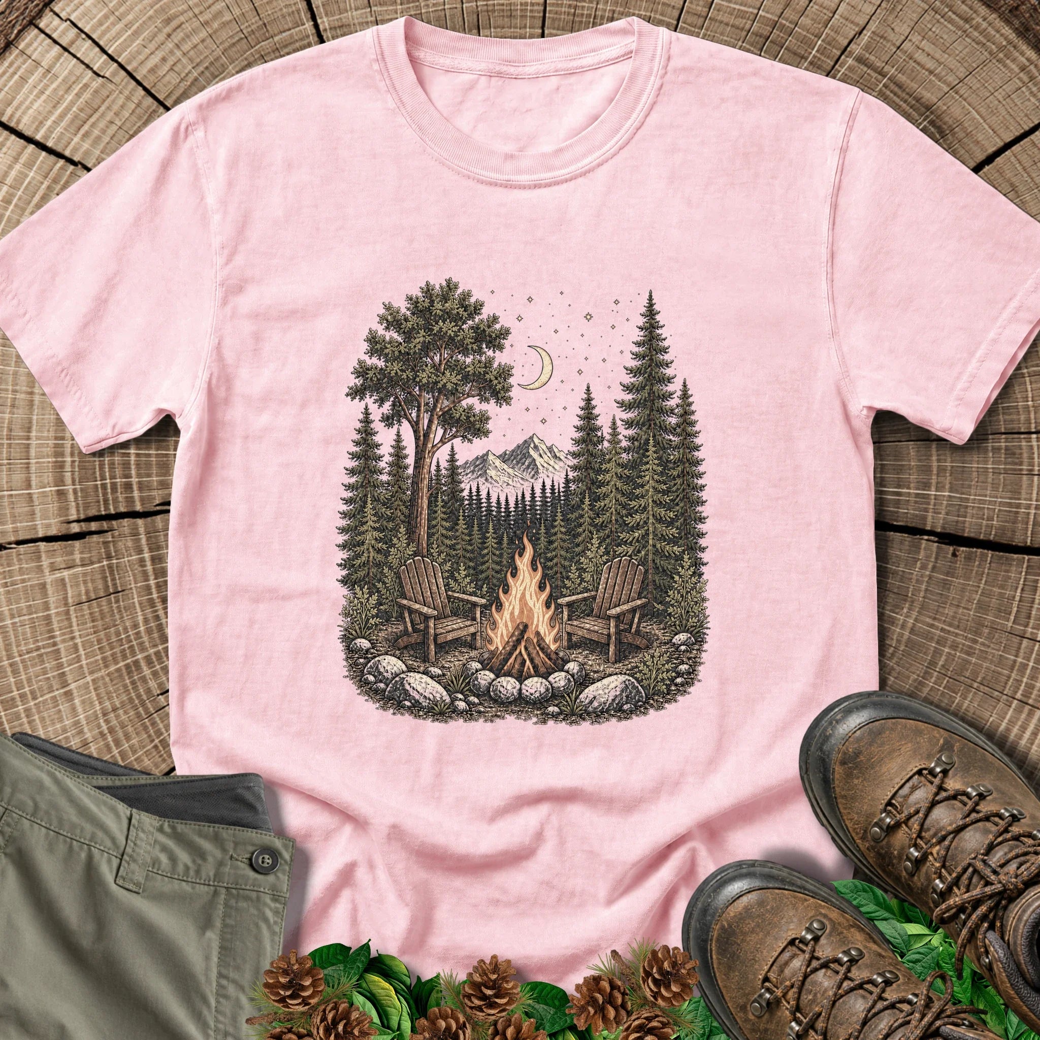 Waiting Campfire Chairs T-Shirt in Blossom