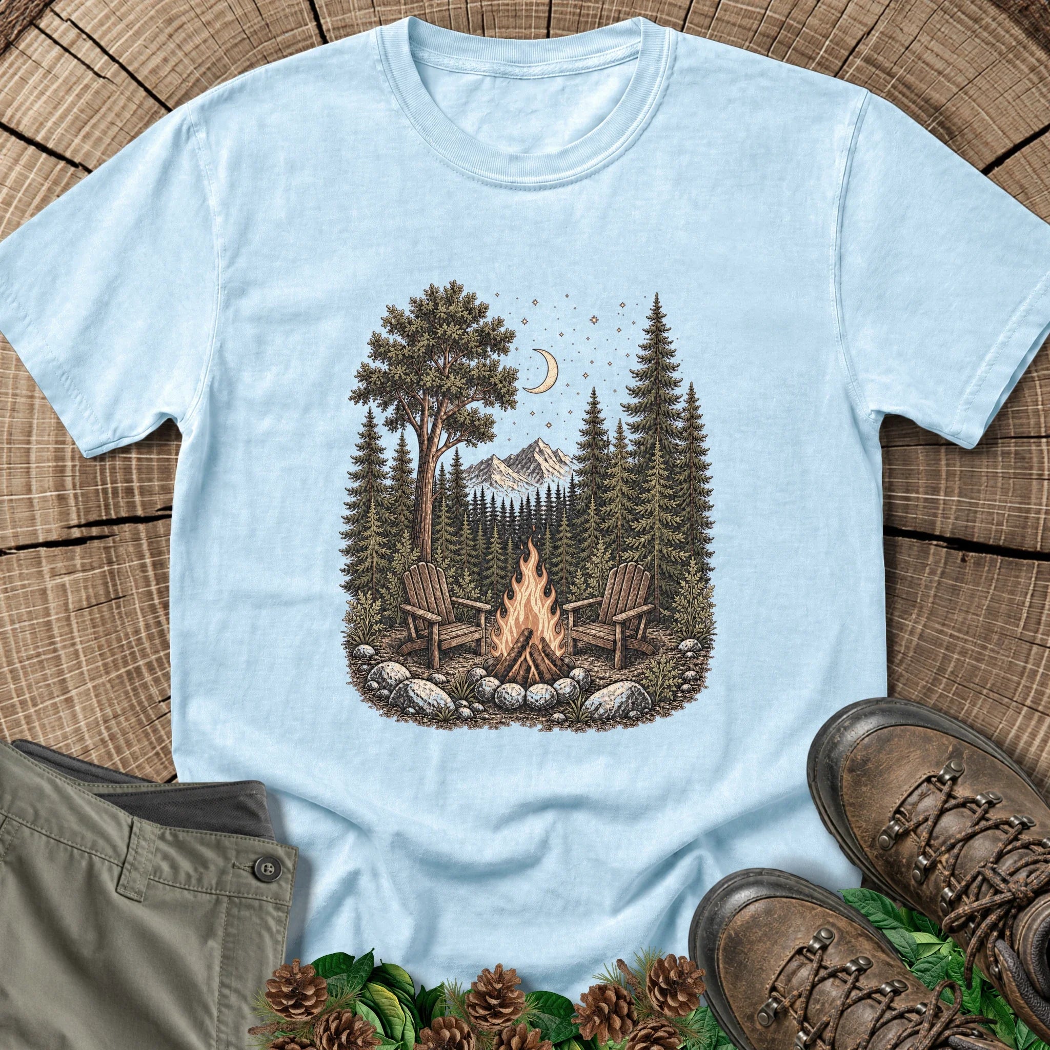 Waiting Campfire Chairs T-Shirt in Chambray