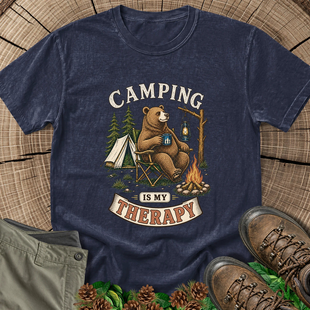 Camping Is My Therapy Bear T-Shirt in Navy