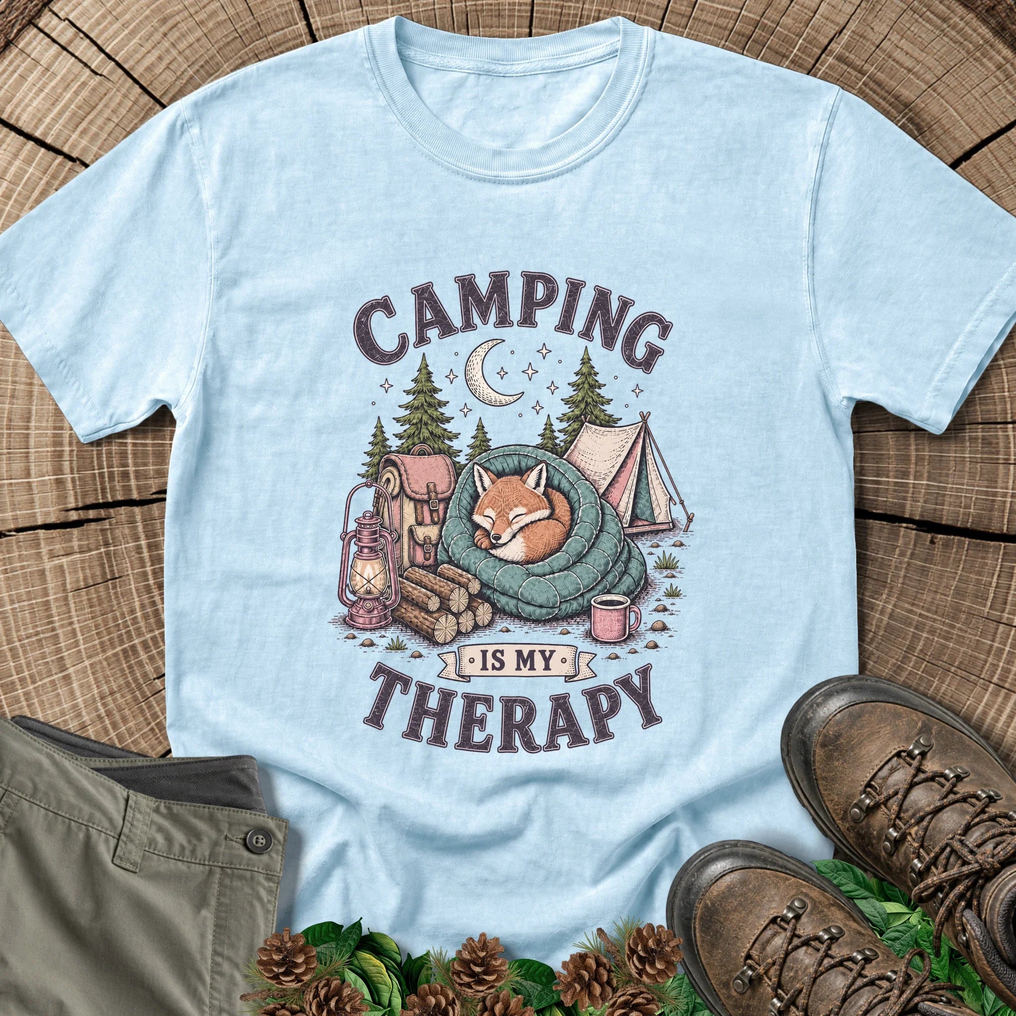 Camping Is My Therapy Fox T-Shirt in Chambray