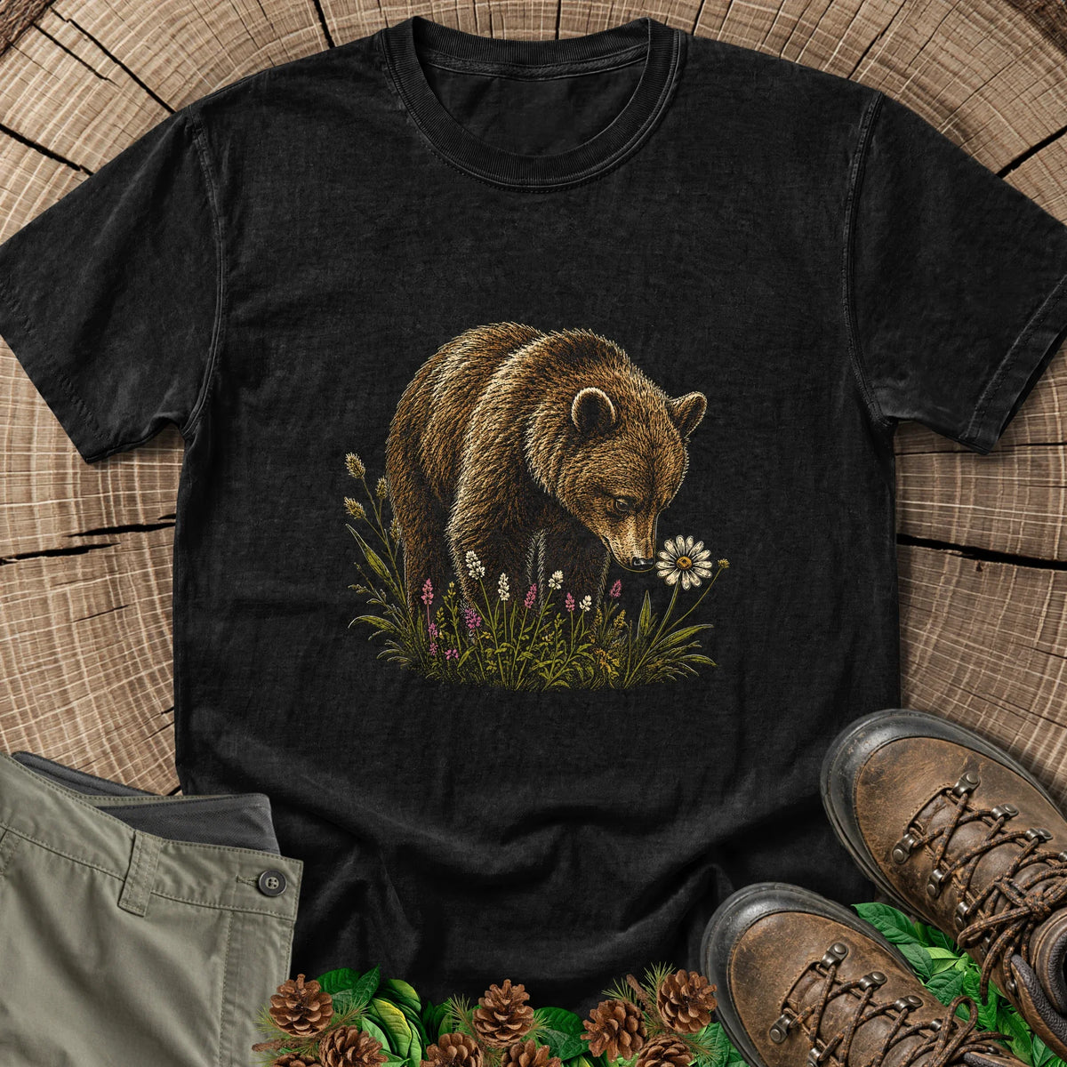 Bear In The Daisies T-Shirt in Black