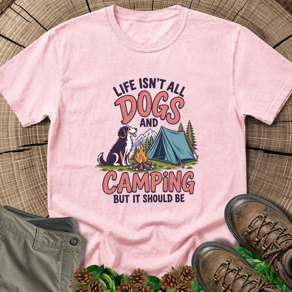 Dogs and Camping T-Shirt in Blossom
