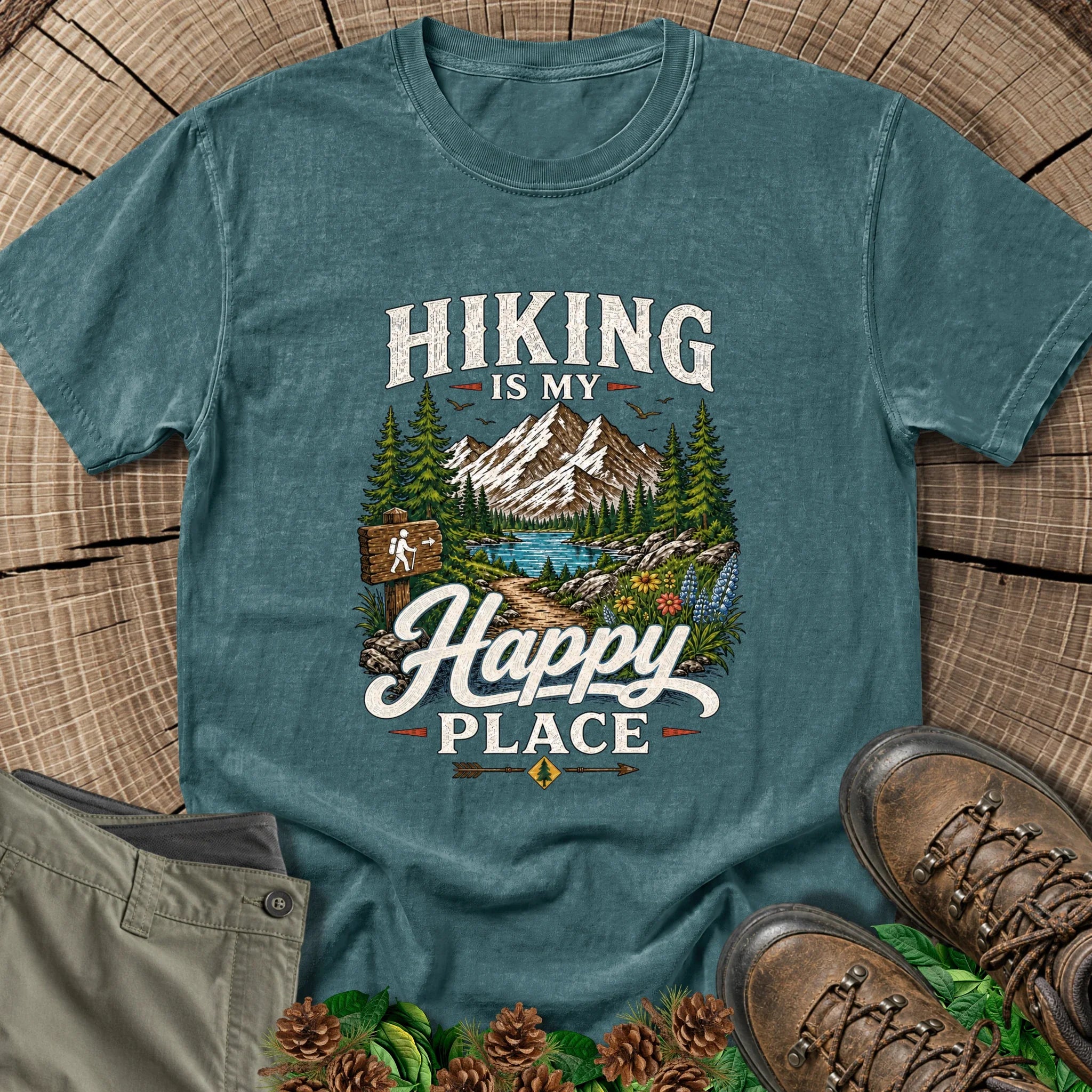 Hiking Is My Happy Place T-Shirt in Blue Spruce