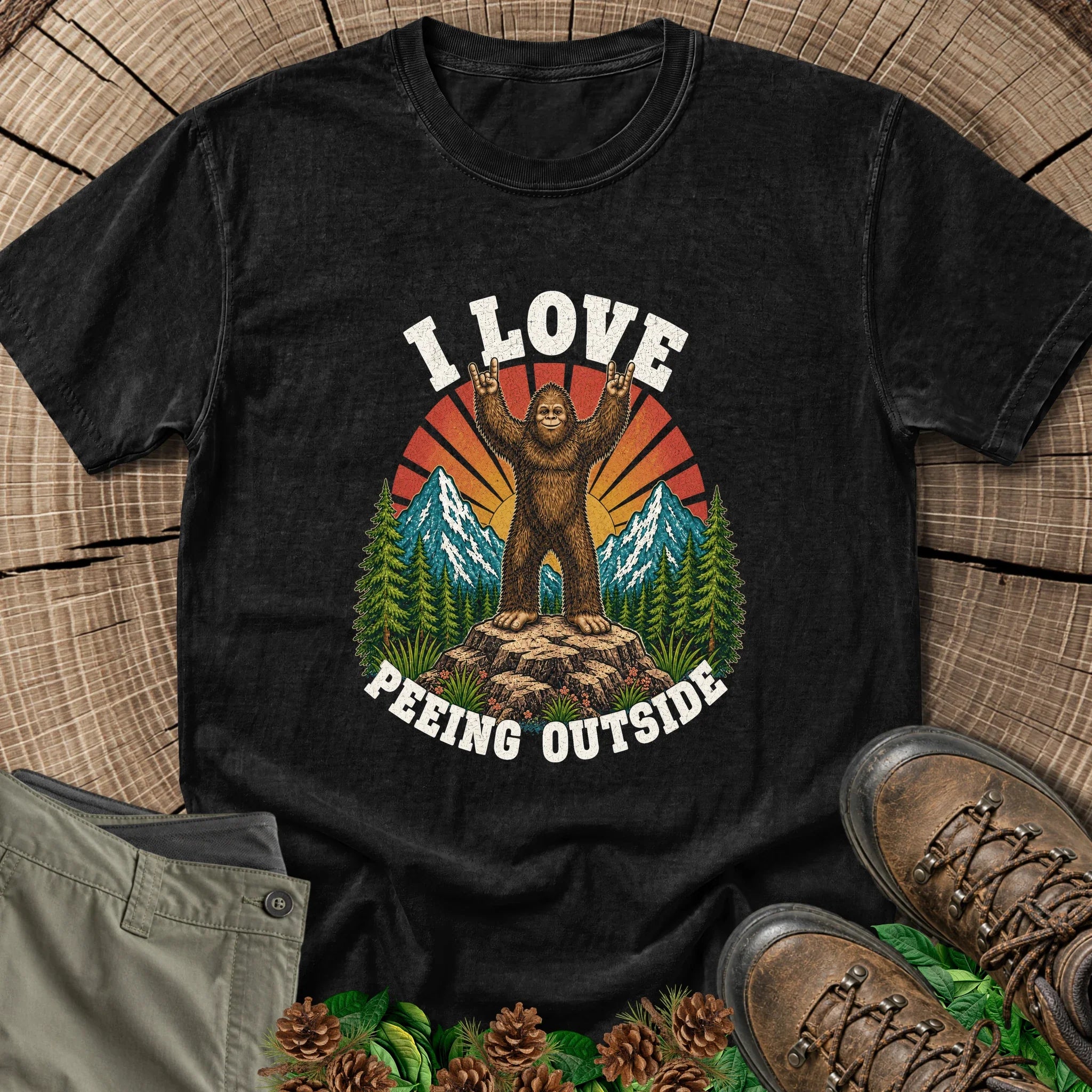 Peeing Outside Bigfoot T-Shirt in Black