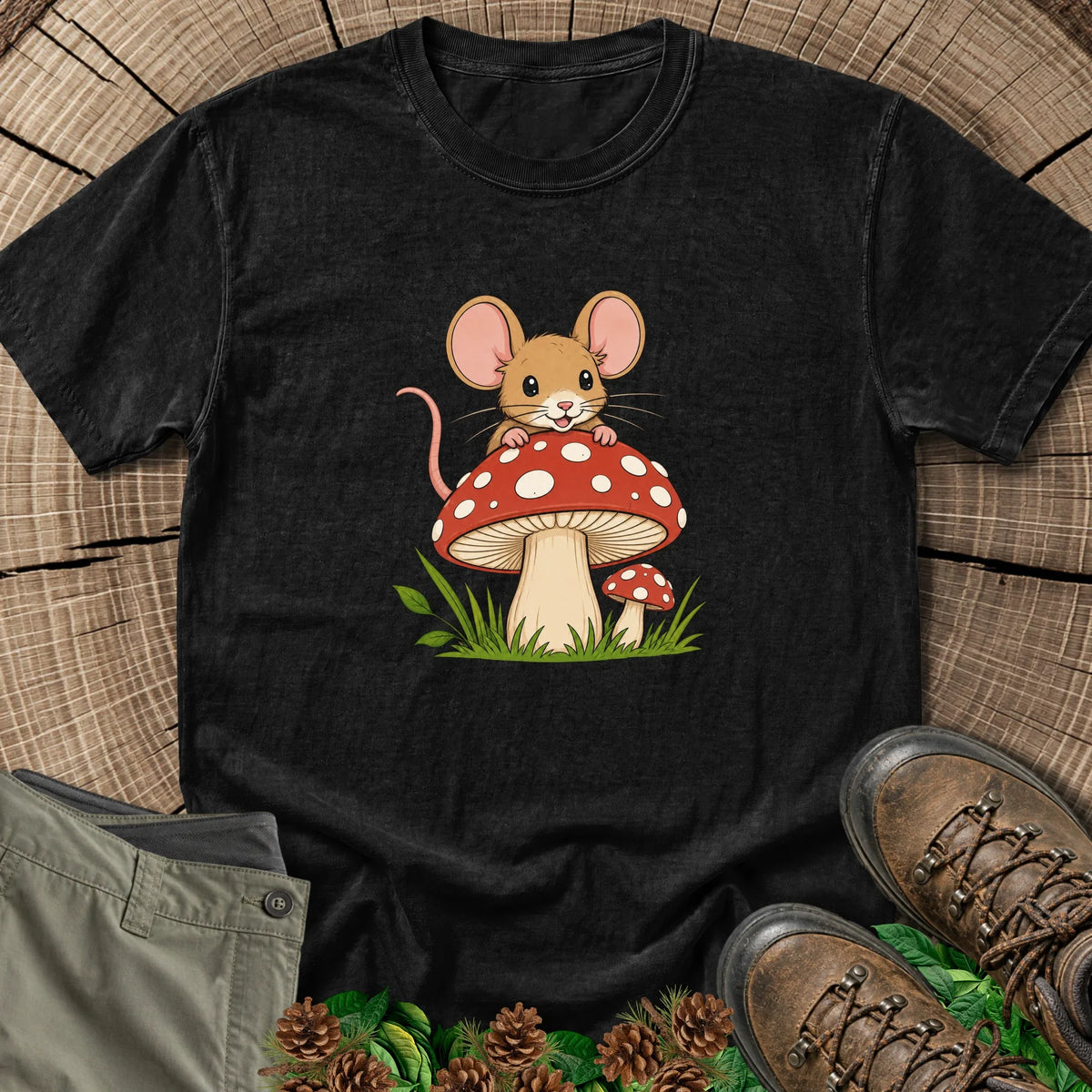 Whimsy Mouse Mushroom T-Shirt in Black