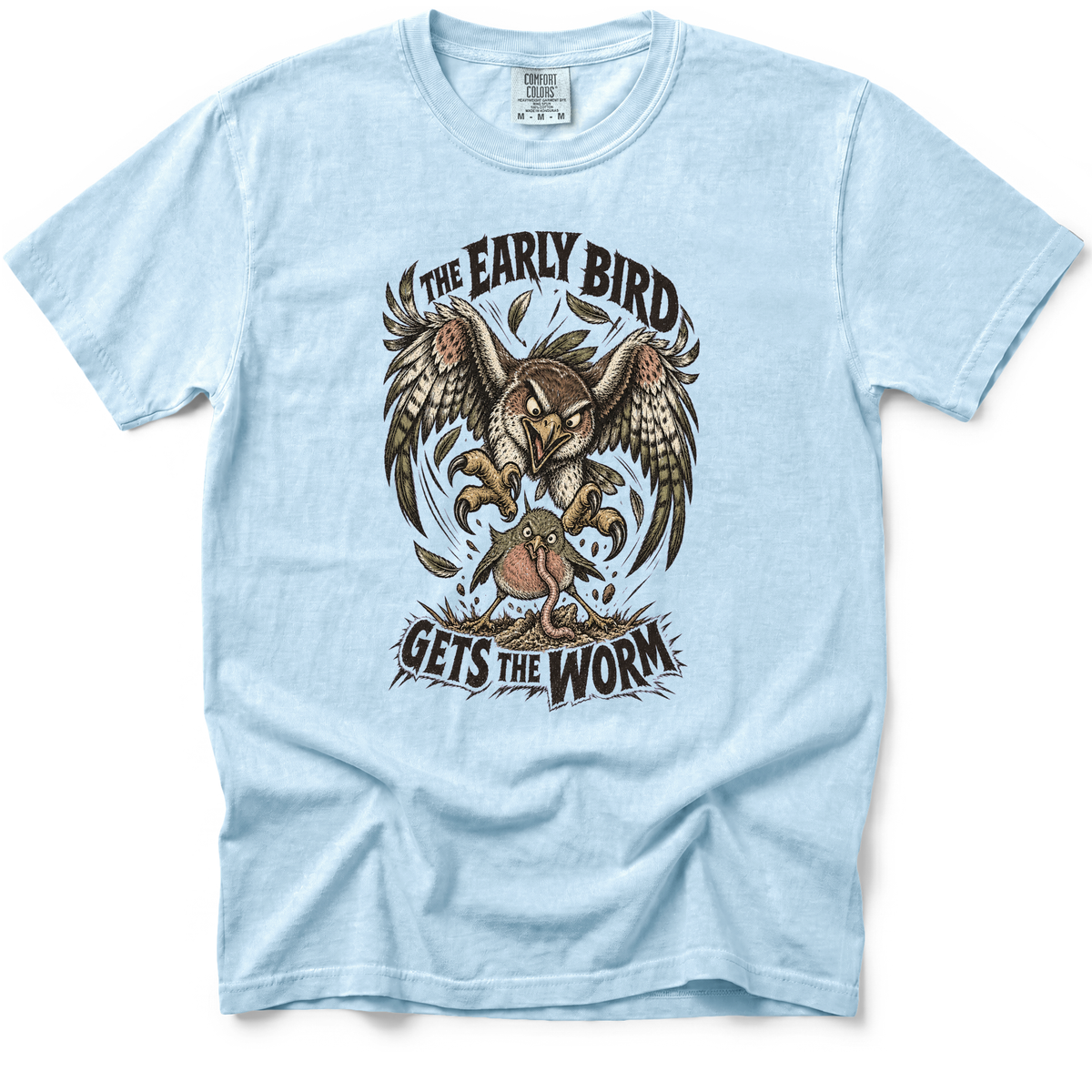 Early Bird T-Shirt in Chambray on a Comfort Colors 1717 garment-dyed shirt