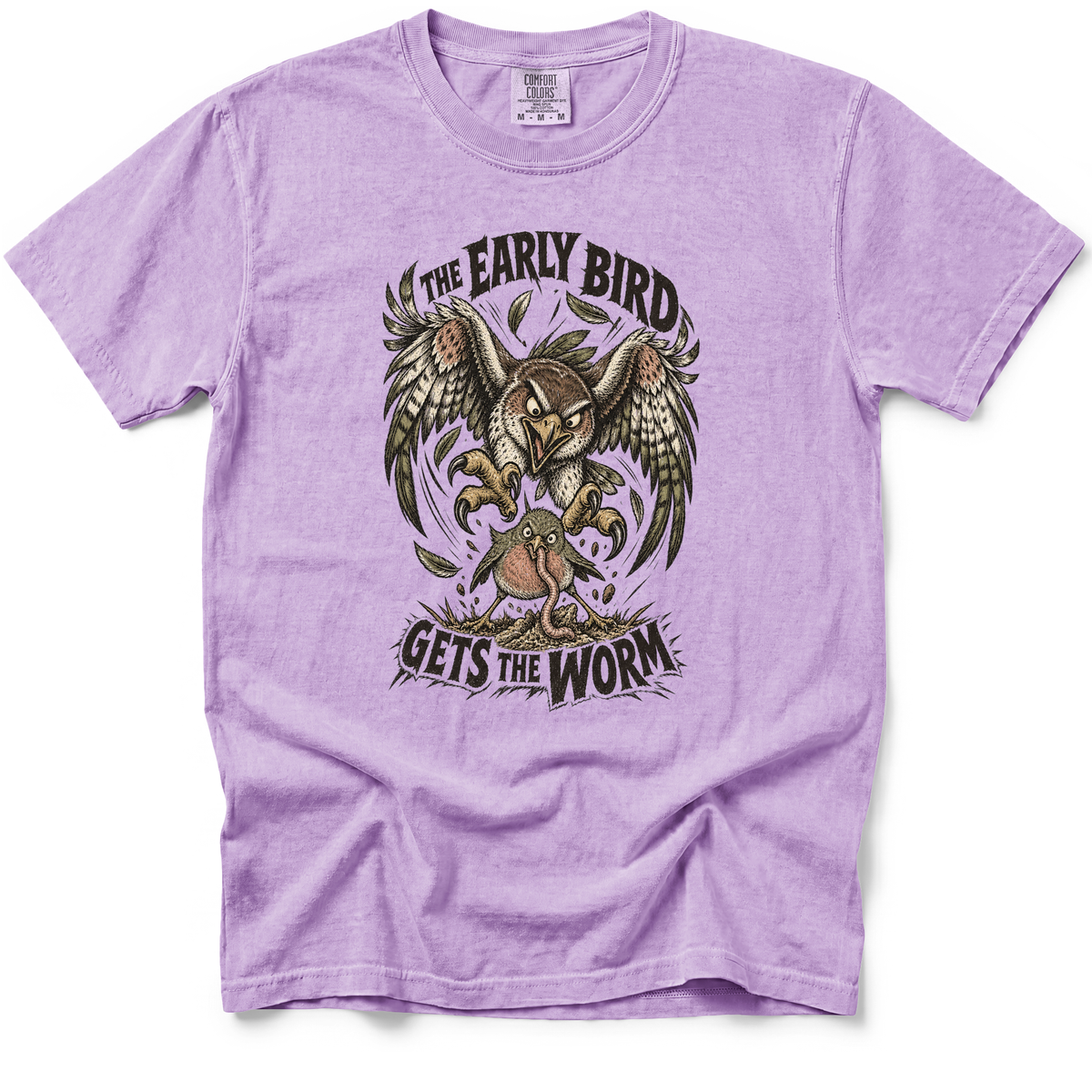 Early Bird T-Shirt in Orchid on a Comfort Colors 1717 garment-dyed shirt