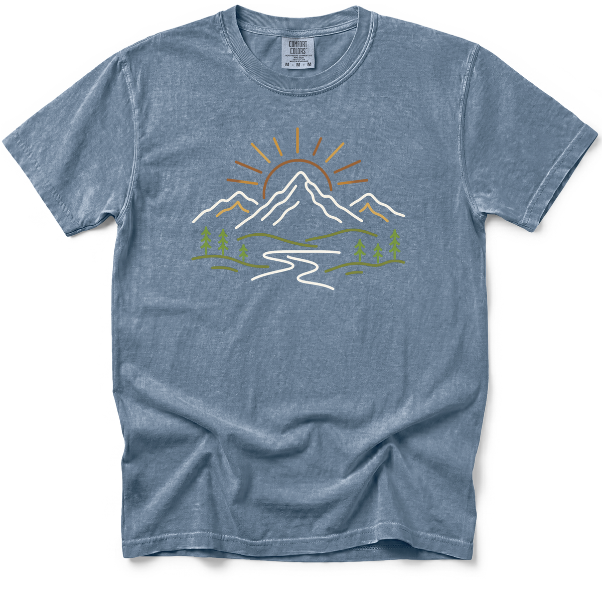 Mountain Doodle T-Shirt in Blue Jean on a Comfort Colors 1717 garment-dyed shirt