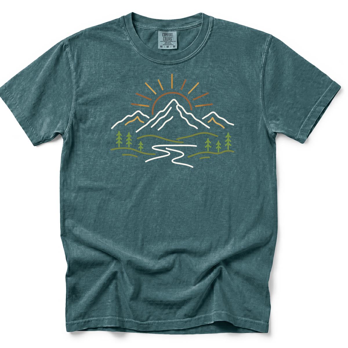 Mountain Doodle T-Shirt in Blue Spruce on a Comfort Colors 1717 garment-dyed shirt